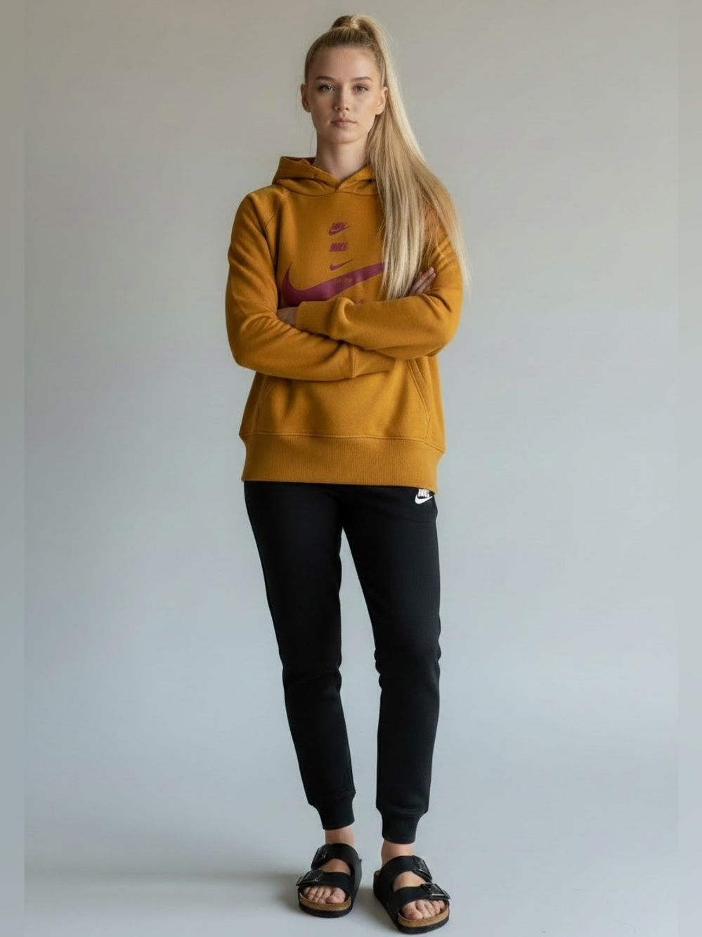 Nike Women's Mustard Yellow Hoodie with Pink Swoosh
